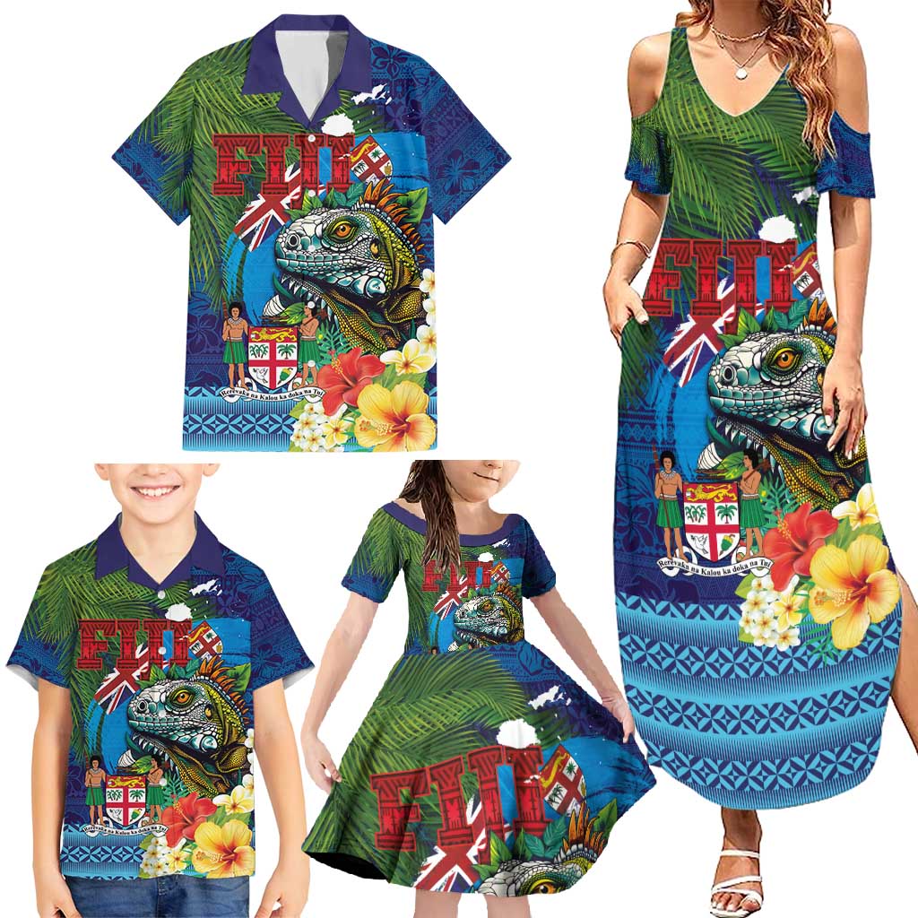 Fiji Iguana-Coat of Arms Family Matching Summer Maxi Dress and Hawaiian Shirt with Hibiscus and Plumeria Palm Tree Tapa Art LT03 - Polynesian Pride