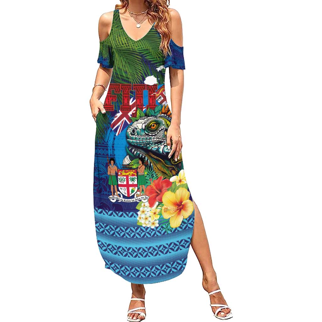 Fiji Iguana-Coat of Arms Family Matching Summer Maxi Dress and Hawaiian Shirt with Hibiscus and Plumeria Palm Tree Tapa Art LT03 Mom's Dress Blue - Polynesian Pride