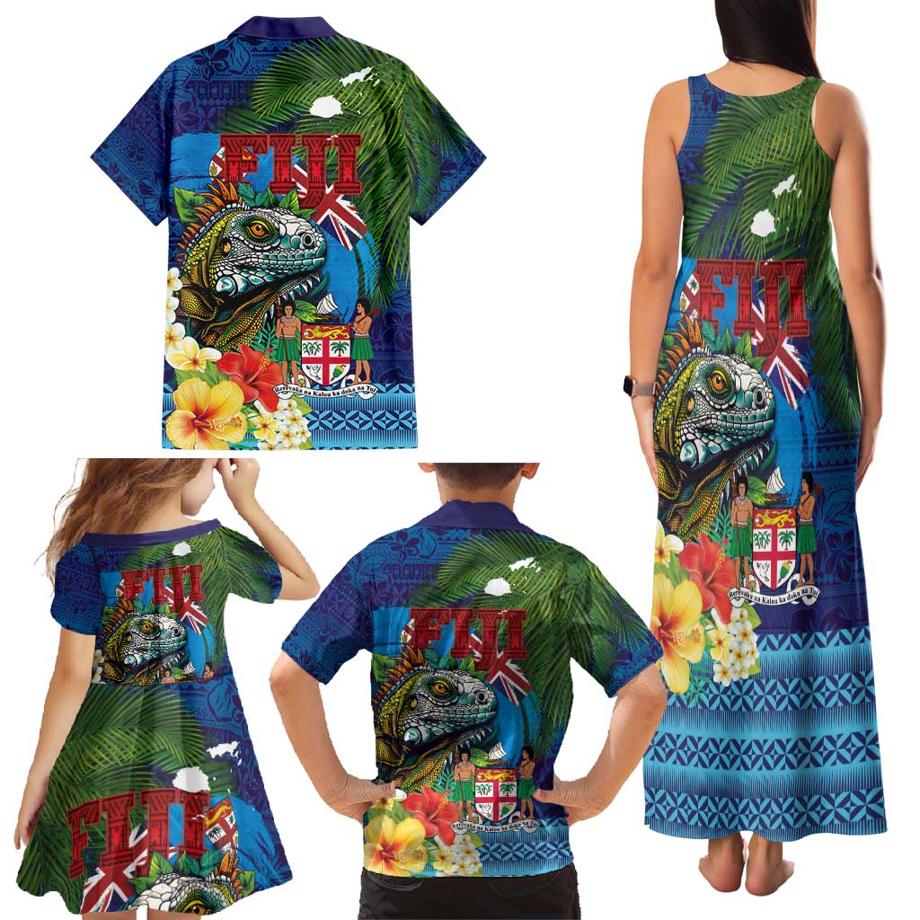 Fiji Iguana-Coat of Arms Family Matching Tank Maxi Dress and Hawaiian Shirt with Hibiscus and Plumeria Palm Tree Tapa Art LT03 - Polynesian Pride