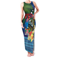 Fiji Iguana-Coat of Arms Family Matching Tank Maxi Dress and Hawaiian Shirt with Hibiscus and Plumeria Palm Tree Tapa Art LT03 Mom's Dress Blue - Polynesian Pride