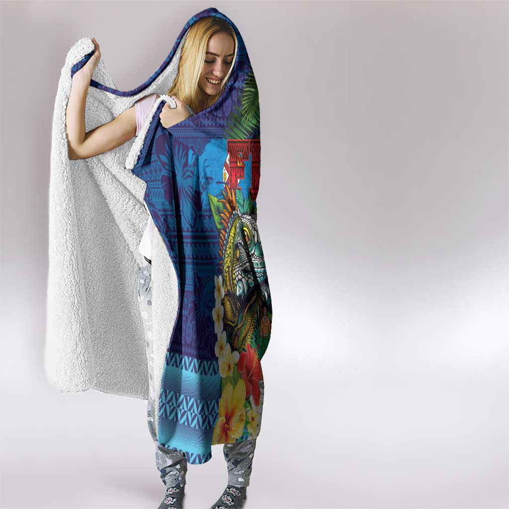 Fiji Iguana-Coat of Arms Hooded Blanket with Hibiscus and Plumeria Palm Tree Tapa Art
