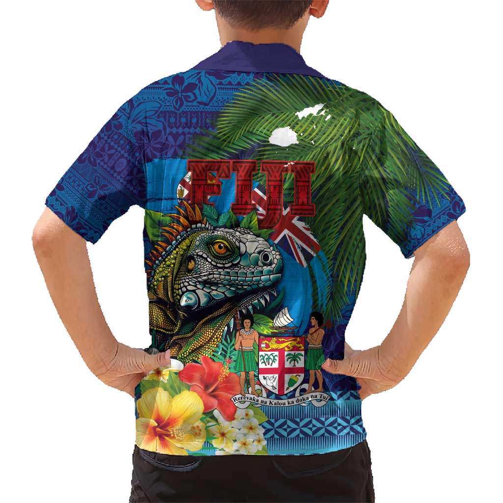 Fiji Iguana-Coat of Arms Kid Hawaiian Shirt with Hibiscus and Plumeria Palm Tree Tapa Art