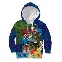 Fiji Iguana-Coat of Arms Kid Hoodie with Hibiscus and Plumeria Palm Tree Tapa Art