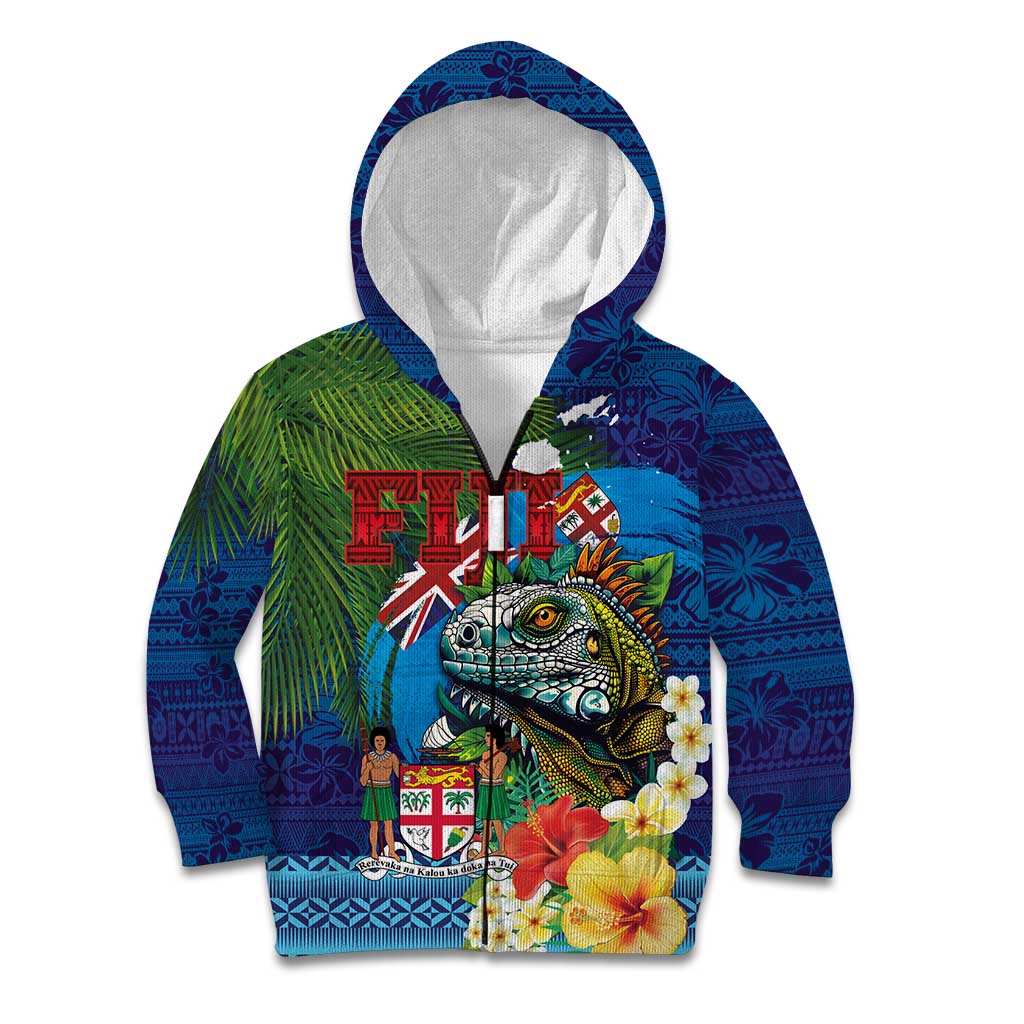 Fiji Iguana-Coat of Arms Kid Hoodie with Hibiscus and Plumeria Palm Tree Tapa Art