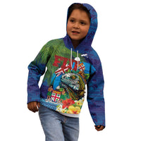 Fiji Iguana-Coat of Arms Kid Hoodie with Hibiscus and Plumeria Palm Tree Tapa Art