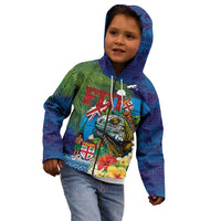 Fiji Iguana-Coat of Arms Kid Hoodie with Hibiscus and Plumeria Palm Tree Tapa Art