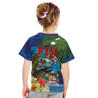 Fiji Iguana-Coat of Arms Kid T Shirt with Hibiscus and Plumeria Palm Tree Tapa Art