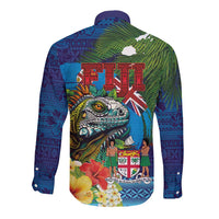 Fiji Iguana-Coat of Arms Long Sleeve Button Shirt with Hibiscus and Plumeria Palm Tree Tapa Art