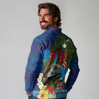 Fiji Iguana-Coat of Arms Long Sleeve Polo Shirt with Hibiscus and Plumeria Palm Tree Tapa Art