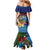 Fiji Iguana-Coat of Arms Mermaid Dress with Hibiscus and Plumeria Palm Tree Tapa Art