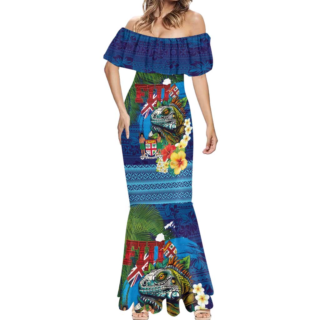 Fiji Iguana-Coat of Arms Mermaid Dress with Hibiscus and Plumeria Palm Tree Tapa Art LT03 - Polynesian Pride