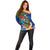 Fiji Iguana-Coat of Arms Off Shoulder Sweater with Hibiscus and Plumeria Palm Tree Tapa Art