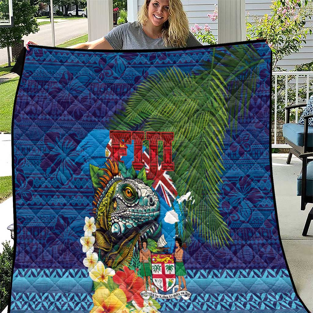 Fiji Iguana-Coat of Arms Quilt with Hibiscus and Plumeria Palm Tree Tapa Art