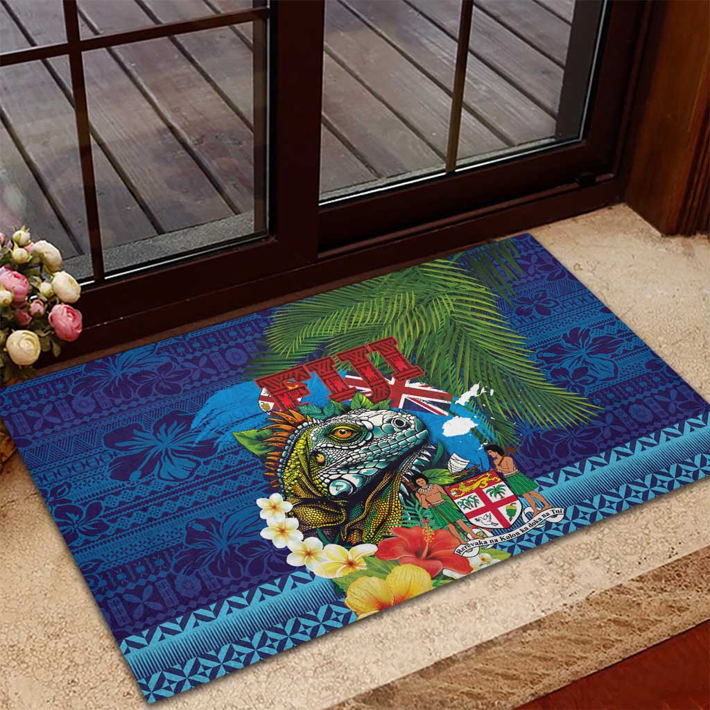 Fiji Iguana-Coat of Arms Rubber Doormat with Hibiscus and Plumeria Palm Tree Tapa Art
