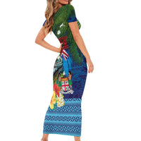 Fiji Iguana-Coat of Arms Short Sleeve Bodycon Dress with Hibiscus and Plumeria Palm Tree Tapa Art LT03 - Polynesian Pride