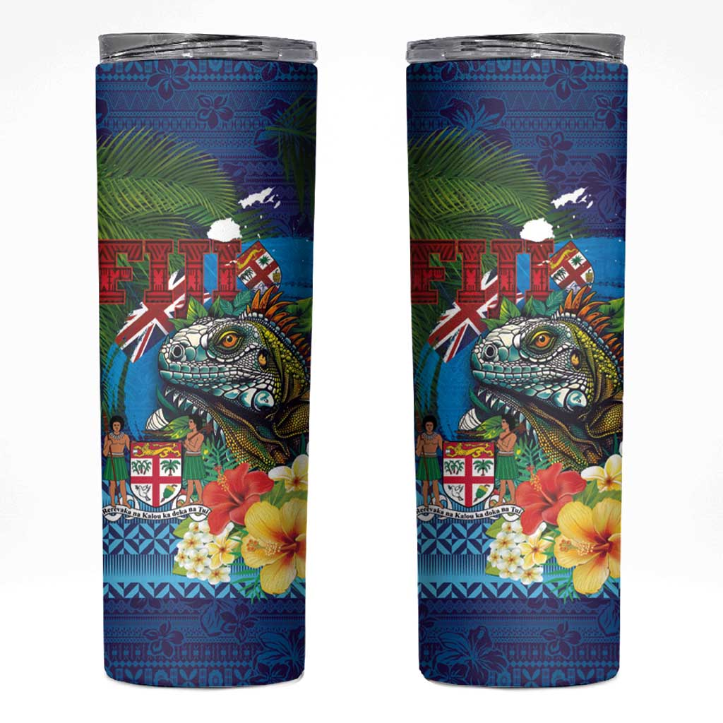 Fiji Iguana-Coat of Arms Skinny Tumbler with Hibiscus and Plumeria Palm Tree Tapa Art LT03 Blue - Polynesian Pride