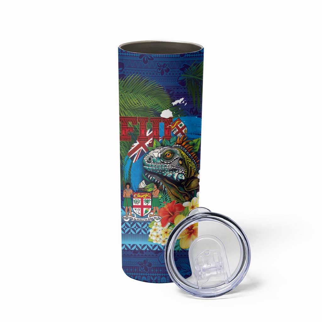 Fiji Iguana-Coat of Arms Skinny Tumbler with Hibiscus and Plumeria Palm Tree Tapa Art LT03 - Polynesian Pride