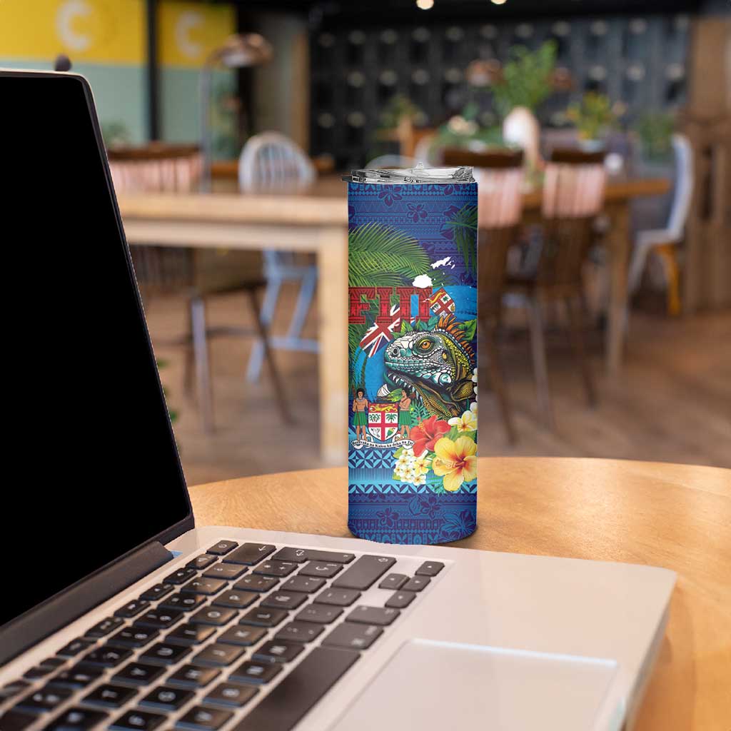 Fiji Iguana-Coat of Arms Skinny Tumbler with Hibiscus and Plumeria Palm Tree Tapa Art LT03 - Polynesian Pride