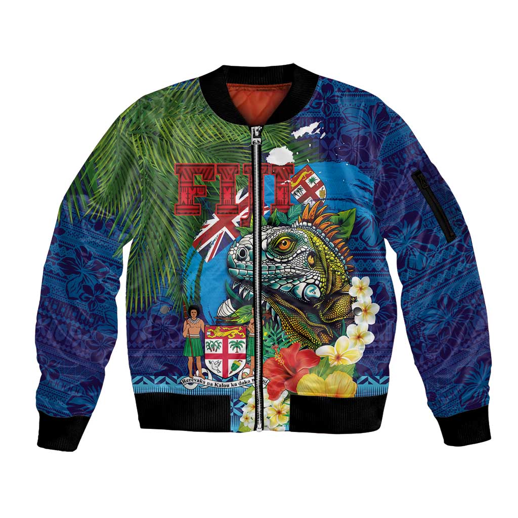 Fiji Iguana-Coat of Arms Sleeve Zip Bomber Jacket with Hibiscus and Plumeria Palm Tree Tapa Art
