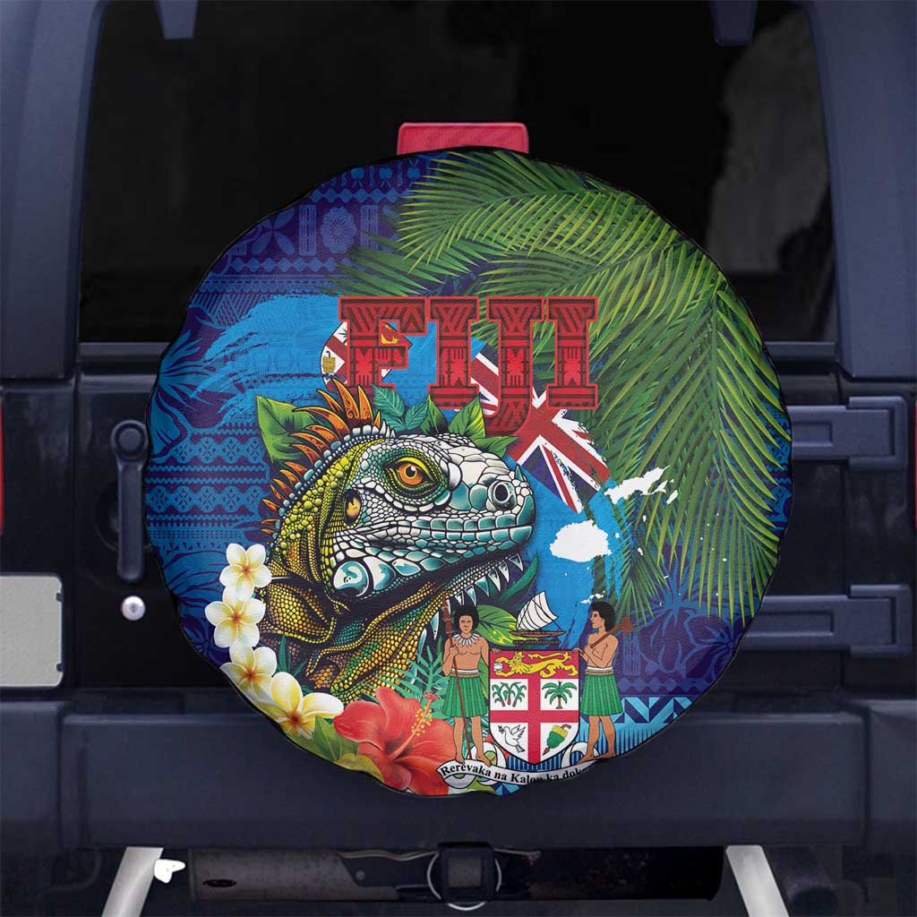 Fiji Iguana-Coat of Arms Spare Tire Cover with Hibiscus and Plumeria Palm Tree Tapa Art LT03 No hole Blue - Polynesian Pride