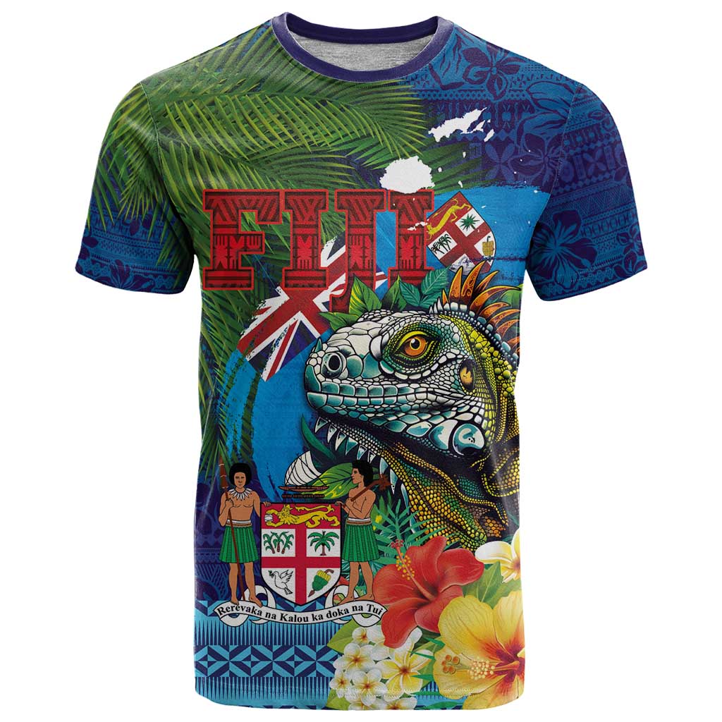 Fiji Iguana-Coat of Arms T Shirt with Hibiscus and Plumeria Palm Tree Tapa Art