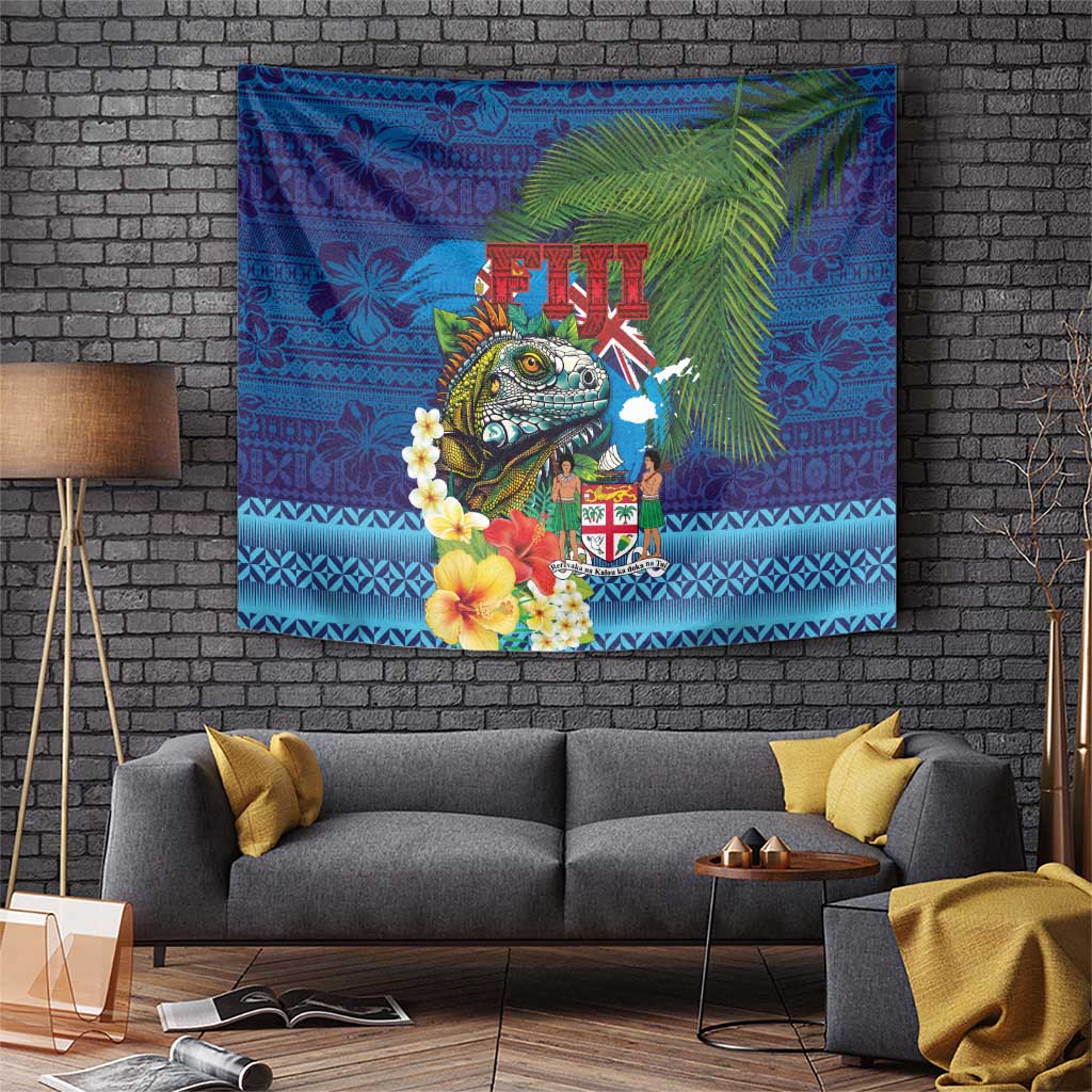 Fiji Iguana-Coat of Arms Tapestry with Hibiscus and Plumeria Palm Tree Tapa Art