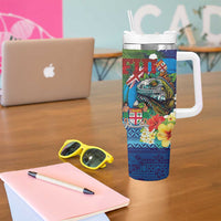 Fiji Iguana-Coat of Arms Tumbler With Handle with Hibiscus and Plumeria Palm Tree Tapa Art