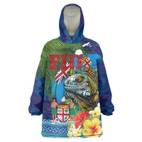 Fiji Iguana-Coat of Arms Wearable Blanket Hoodie with Hibiscus and Plumeria Palm Tree Tapa Art