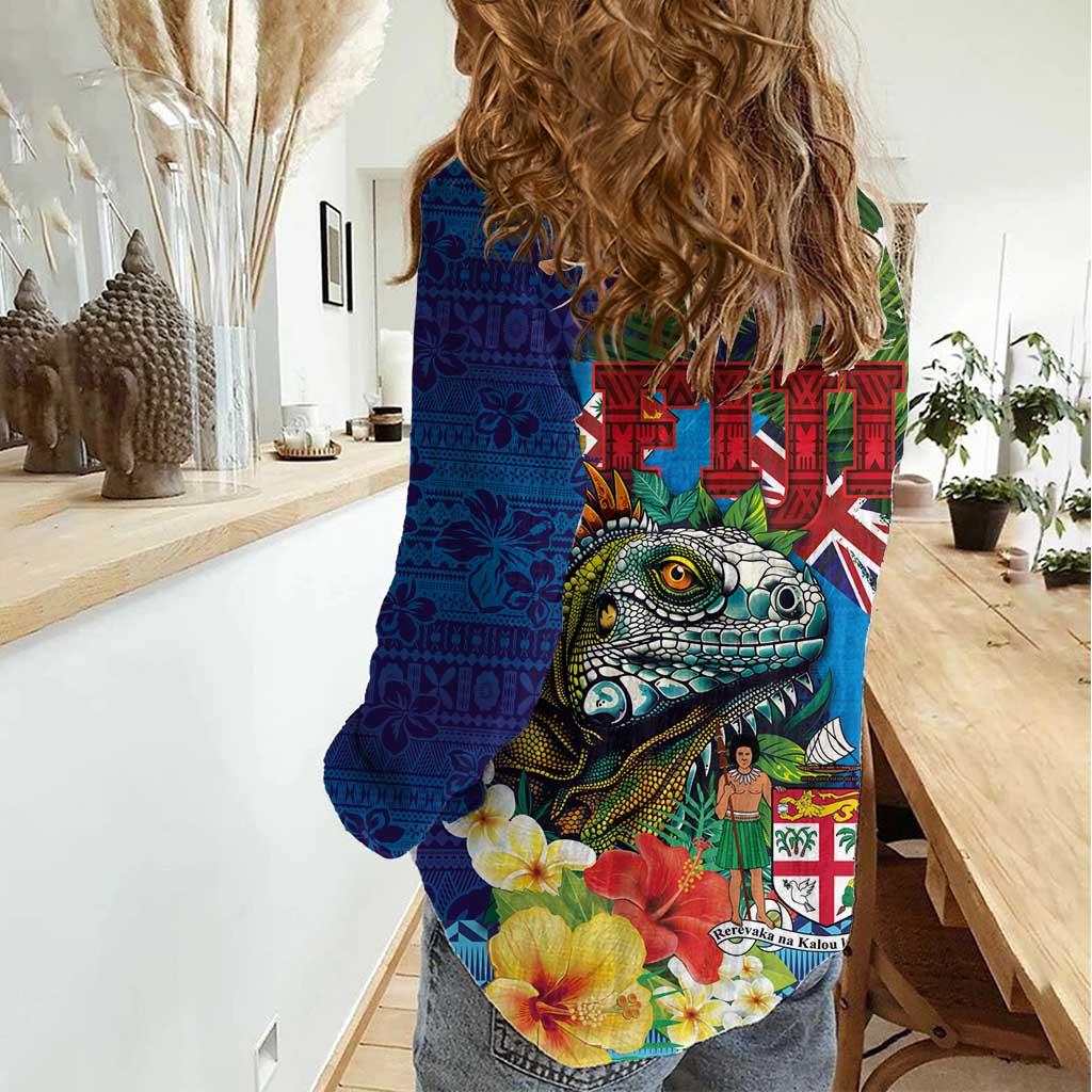 Fiji Iguana-Coat of Arms Women Casual Shirt with Hibiscus and Plumeria Palm Tree Tapa Art