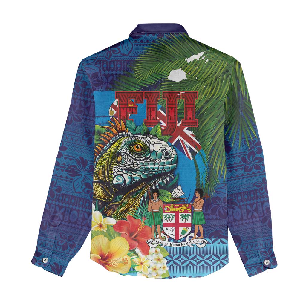 Fiji Iguana-Coat of Arms Women Casual Shirt with Hibiscus and Plumeria Palm Tree Tapa Art