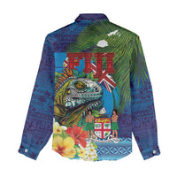 Fiji Iguana-Coat of Arms Women Casual Shirt with Hibiscus and Plumeria Palm Tree Tapa Art