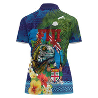 Fiji Iguana-Coat of Arms Women Polo Shirt with Hibiscus and Plumeria Palm Tree Tapa Art LT03 - Polynesian Pride