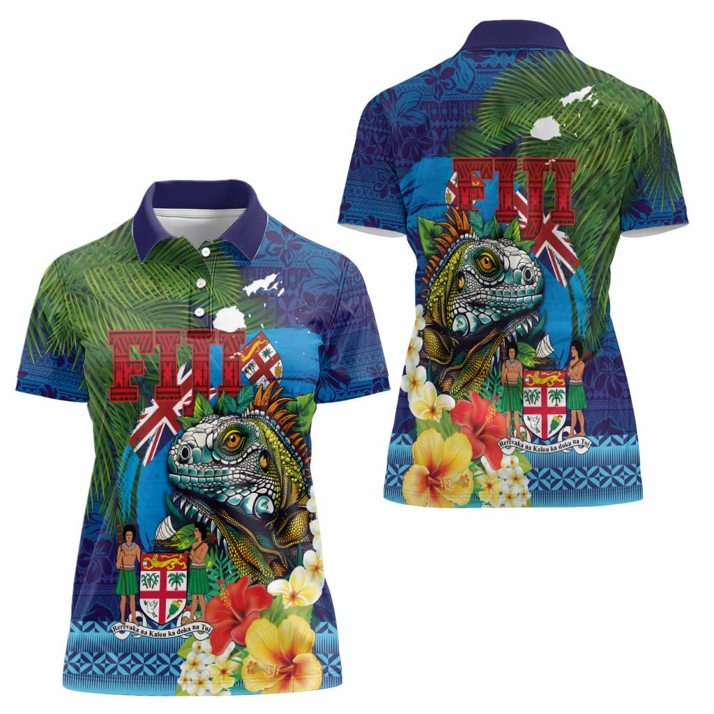 Fiji Iguana-Coat of Arms Women Polo Shirt with Hibiscus and Plumeria Palm Tree Tapa Art LT03 - Polynesian Pride