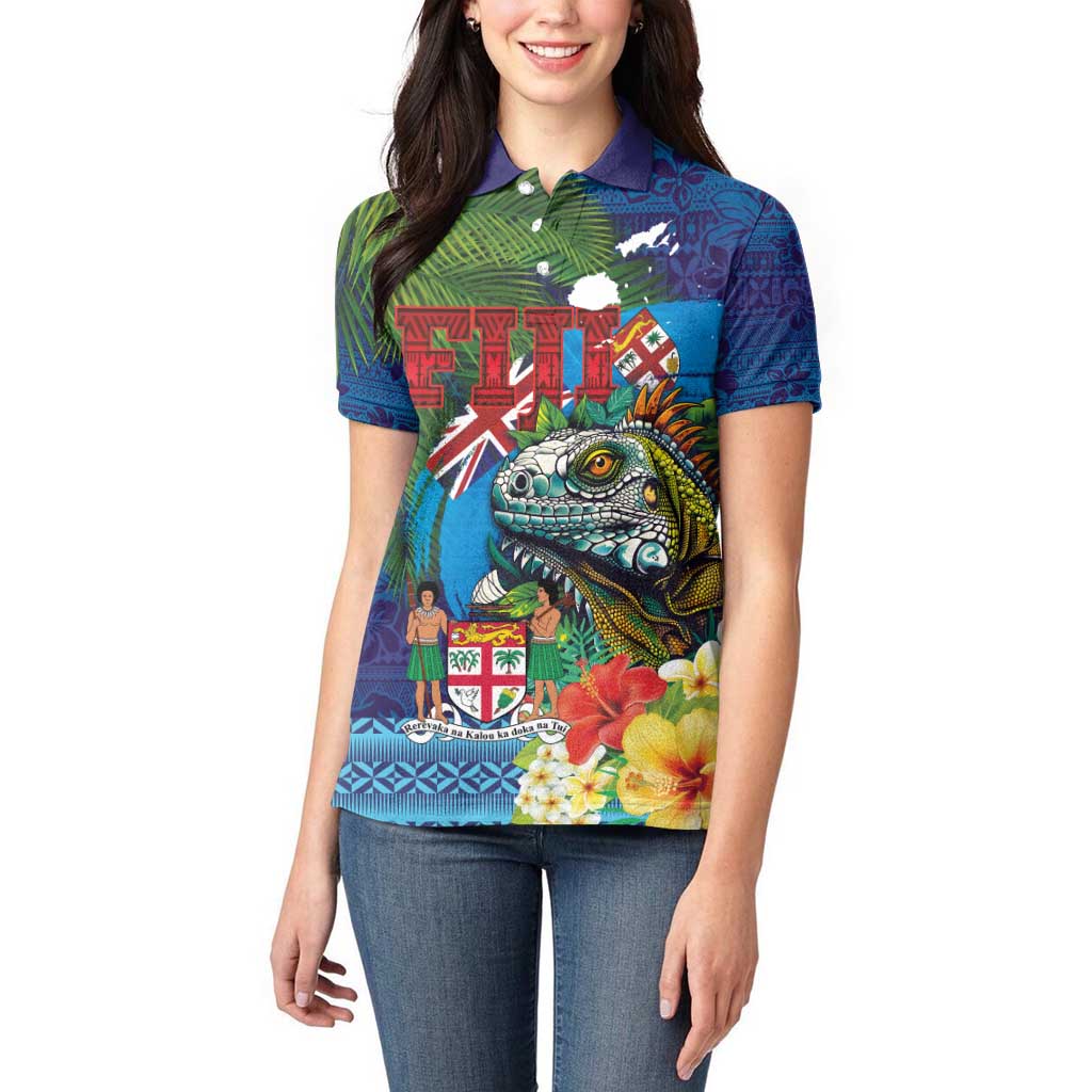 Fiji Iguana-Coat of Arms Women Polo Shirt with Hibiscus and Plumeria Palm Tree Tapa Art LT03 - Polynesian Pride