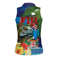 Fiji Iguana-Coat of Arms Women Sleeveless Polo Shirt with Hibiscus and Plumeria Palm Tree Tapa Art