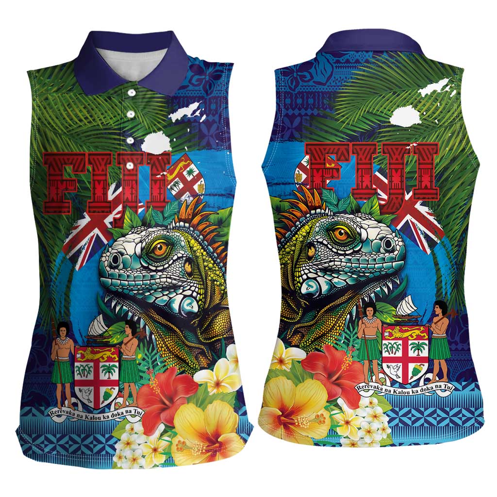 Fiji Iguana-Coat of Arms Women Sleeveless Polo Shirt with Hibiscus and Plumeria Palm Tree Tapa Art