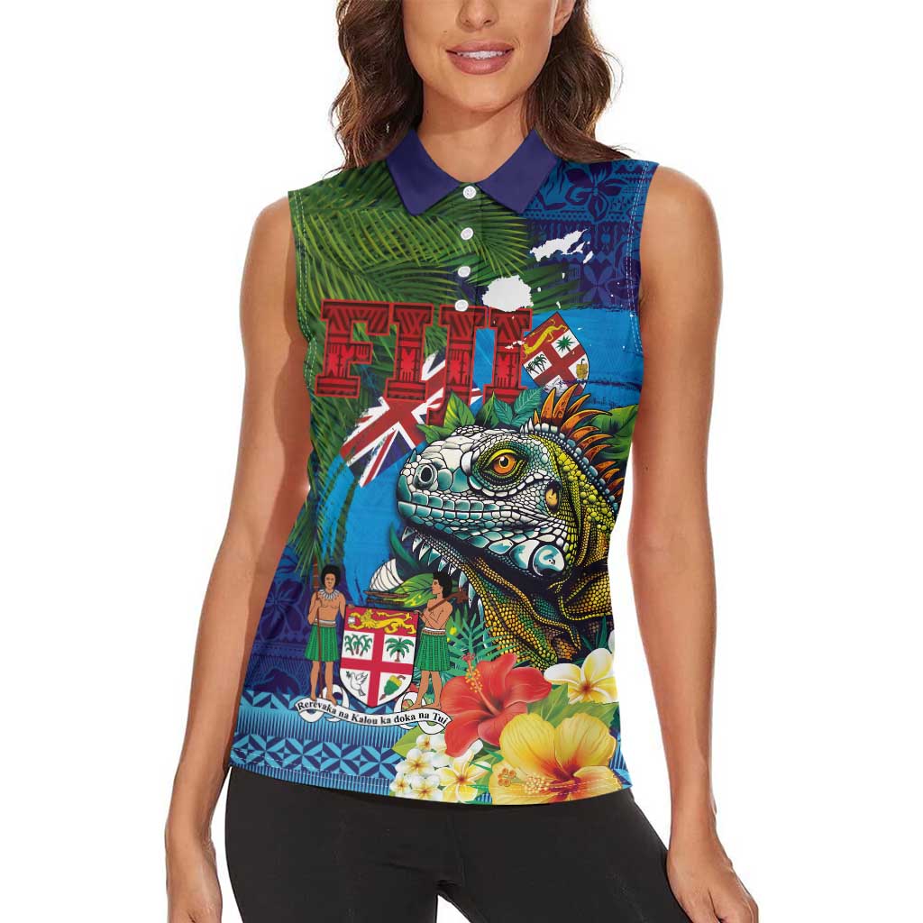 Fiji Iguana-Coat of Arms Women Sleeveless Polo Shirt with Hibiscus and Plumeria Palm Tree Tapa Art