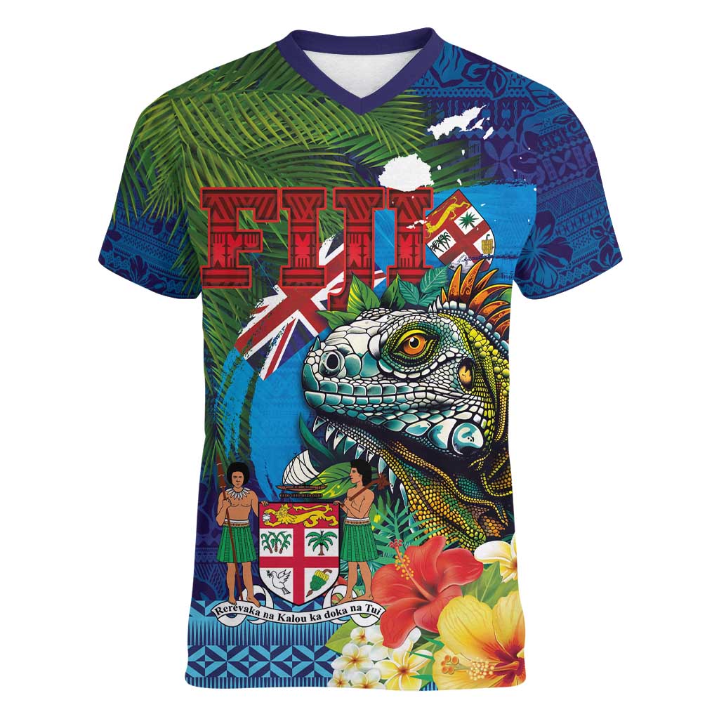 Fiji Iguana-Coat of Arms Women V-Neck T-Shirt with Hibiscus and Plumeria Palm Tree Tapa Art