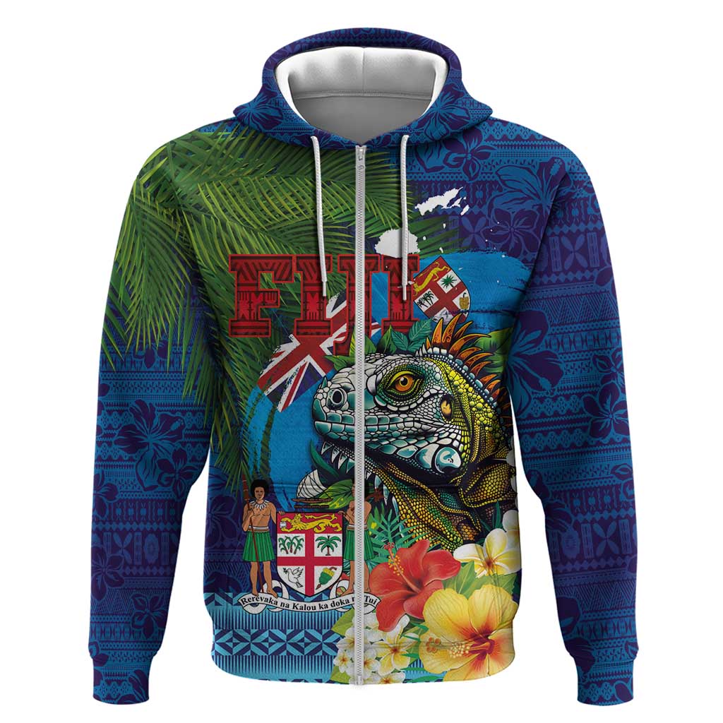 Fiji Iguana-Coat of Arms Zip Hoodie with Hibiscus and Plumeria Palm Tree Tapa Art