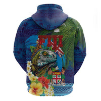 Fiji Iguana-Coat of Arms Zip Hoodie with Hibiscus and Plumeria Palm Tree Tapa Art