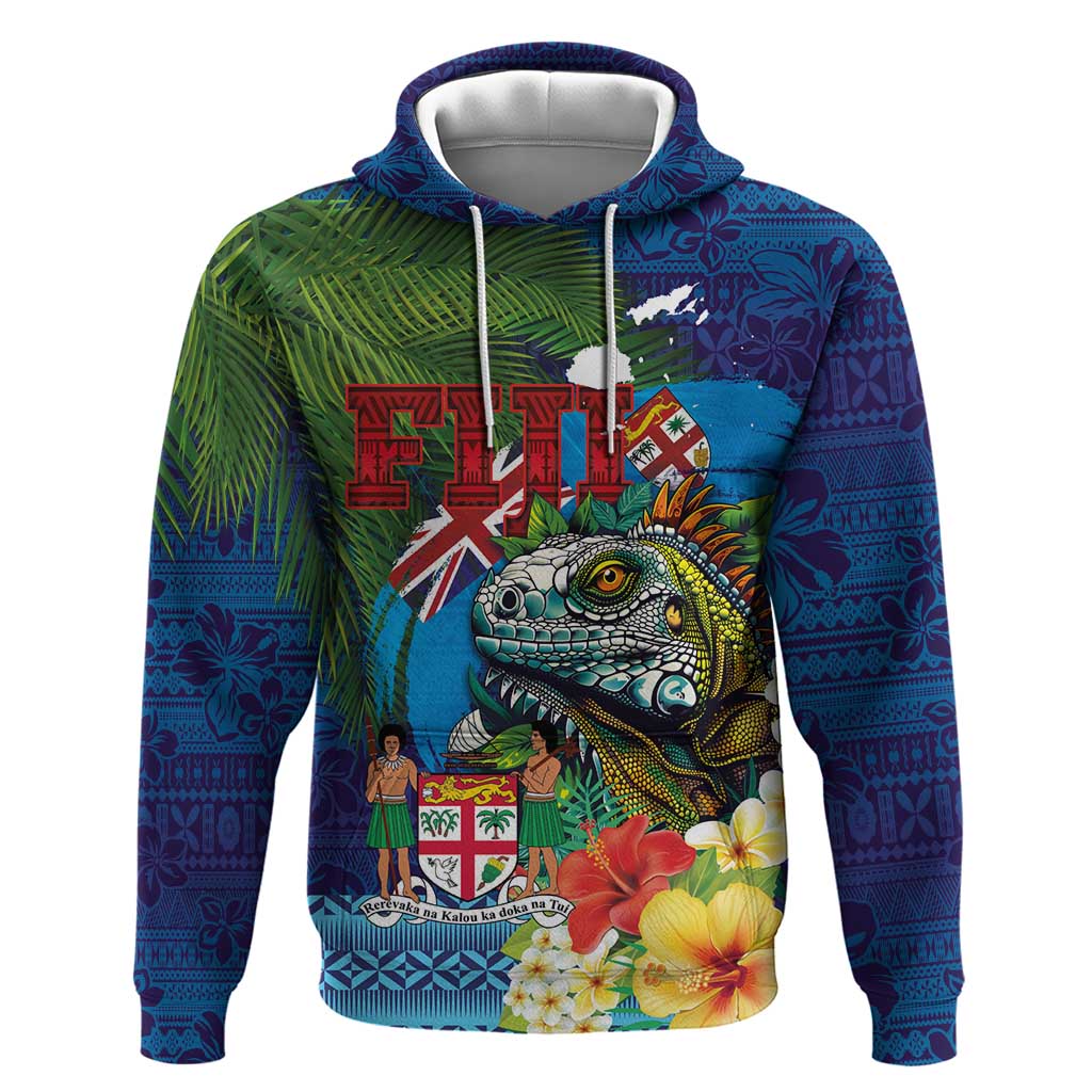 Fiji Iguana-Coat of Arms Zip Hoodie with Hibiscus and Plumeria Palm Tree Tapa Art