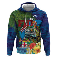 Fiji Iguana-Coat of Arms Zip Hoodie with Hibiscus and Plumeria Palm Tree Tapa Art