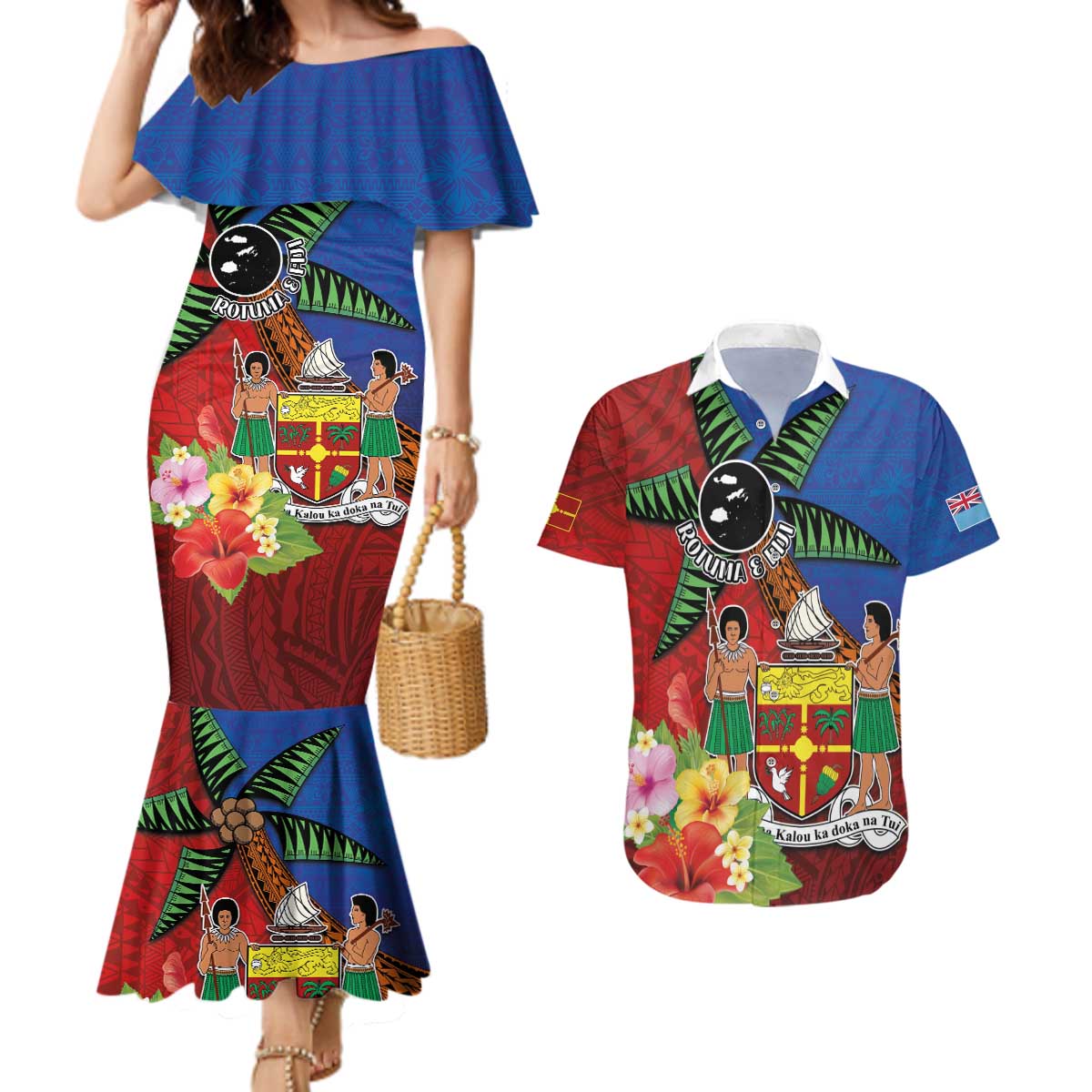 Personalised Fiji and Rotuma Together Couples Matching Mermaid Dress and Hawaiian Shirt Fjian Masi and Pacific Pattern Mix Culture LT03 Red - Polynesian Pride