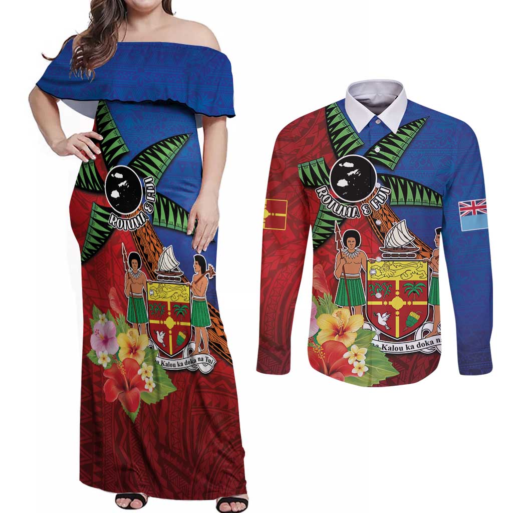 Personalised Fiji and Rotuma Together Couples Matching Off Shoulder Maxi Dress and Long Sleeve Button Shirt Fjian Masi and Pacific Pattern Mix Culture LT03 Red - Polynesian Pride
