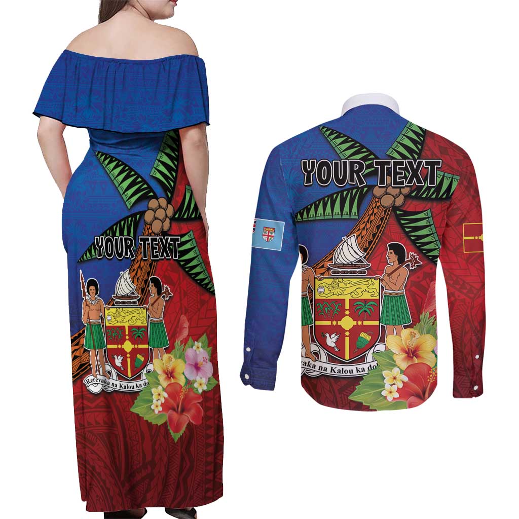 Personalised Fiji and Rotuma Together Couples Matching Off Shoulder Maxi Dress and Long Sleeve Button Shirt Fjian Masi and Pacific Pattern Mix Culture LT03 - Polynesian Pride