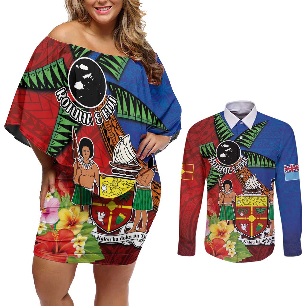 Personalised Fiji and Rotuma Together Couples Matching Off Shoulder Short Dress and Long Sleeve Button Shirt Fjian Masi and Pacific Pattern Mix Culture LT03 Red - Polynesian Pride