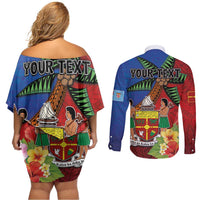 Personalised Fiji and Rotuma Together Couples Matching Off Shoulder Short Dress and Long Sleeve Button Shirt Fjian Masi and Pacific Pattern Mix Culture LT03 - Polynesian Pride
