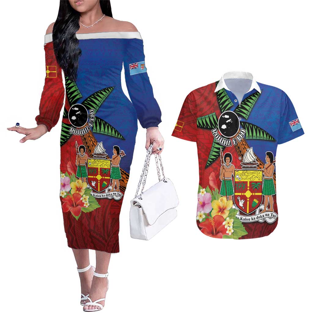 Personalised Fiji and Rotuma Together Couples Matching Off The Shoulder Long Sleeve Dress and Hawaiian Shirt Fjian Masi and Pacific Pattern Mix Culture
