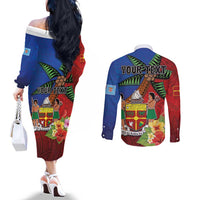 Personalised Fiji and Rotuma Together Couples Matching Off The Shoulder Long Sleeve Dress and Long Sleeve Button Shirt Fjian Masi and Pacific Pattern Mix Culture LT03 - Polynesian Pride
