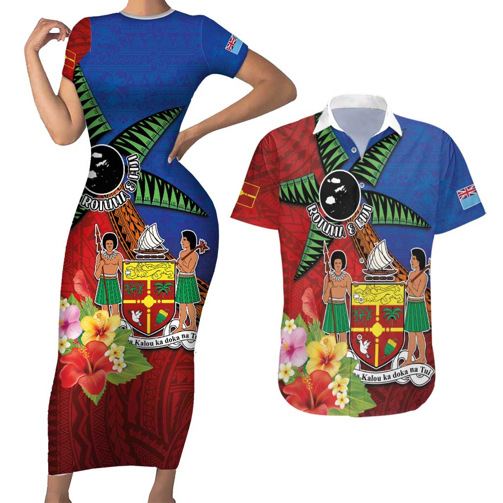 Personalised Fiji and Rotuma Together Couples Matching Short Sleeve Bodycon Dress and Hawaiian Shirt Fjian Masi and Pacific Pattern Mix Culture LT03 Red - Polynesian Pride